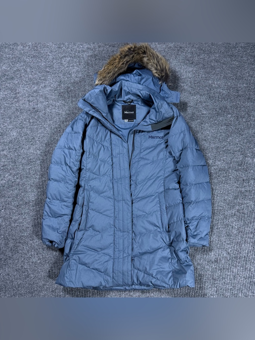 Marmot Montreal Womens Small Blue 700-Fill Down Parka Coat Faux Fur Hood Jacket